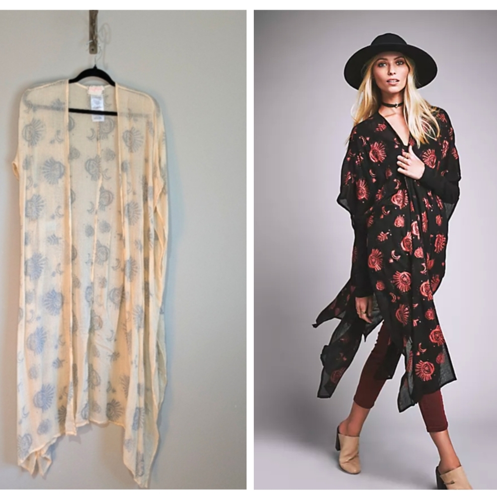 Free People Light of the Moon Semi Sheer Printed Kimono OS